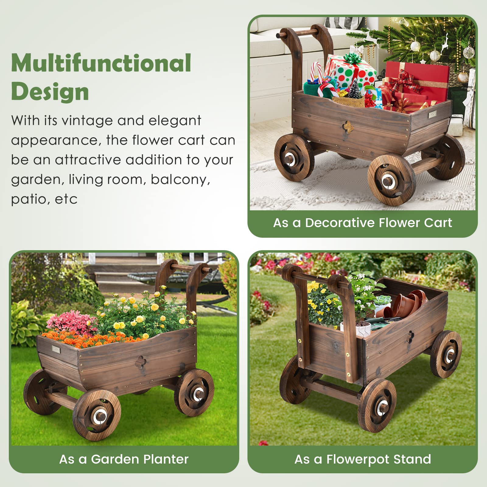 Giantex Wooden Wagon Planter Raised Bed on Wheels, Handle, Drainage Hole, Decorative Wagon Cart, Rustic Flowerpot Planter, Mobile Plant Pot Stand, Indoor & Outdoor Patio Garden Balcony - WoodArtSupply