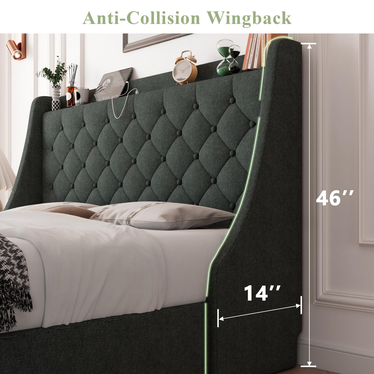 Feonase Upholstered Full Size Bed Frame with 4 Storage Drawers, Charging Station, Tufted Wingback Storage Headboard, No Box Spring Needed, Easy Assembly, Dark Grey Feonase