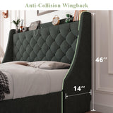 Feonase Upholstered Full Size Bed Frame with 4 Storage Drawers, Charging Station, Tufted Wingback Storage Headboard, No Box Spring Needed, Easy Assembly, Dark Grey Feonase