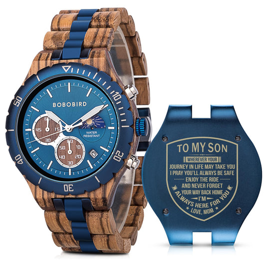 2win Mens Personalized Engraved Wooden Watches Fashion Multifunction Custom Watch Birthday Anniversary Wood Watches for Husband Boyfriend Dad Him Son with Gift Box (A-for Son from Mom) - WoodArtSupply