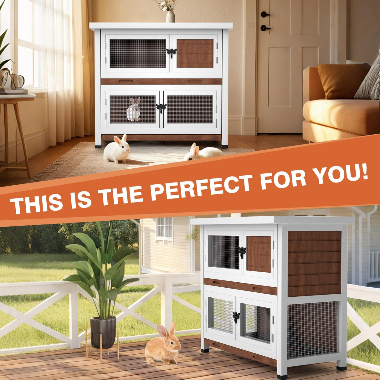 2 Story Rabbit Hutch, Indoor Outdoor Bunny Hutch Solid Wood Rabbit Cage with Removable Trays, Waterproof Asphalt Roofs and Ventilation Door, Small Animal House for Rabbit Guinea Pig Ferret, Walnut AMZOSS