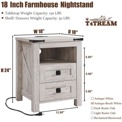 T4TREAM Nightstand wtih Charging Station, End Table, Side Table with 2 Drawers Storage Cabinet for Bedroom, Living Room, Farmhouse Design, Wood Rustic, Antique Brush White - WoodArtSupply