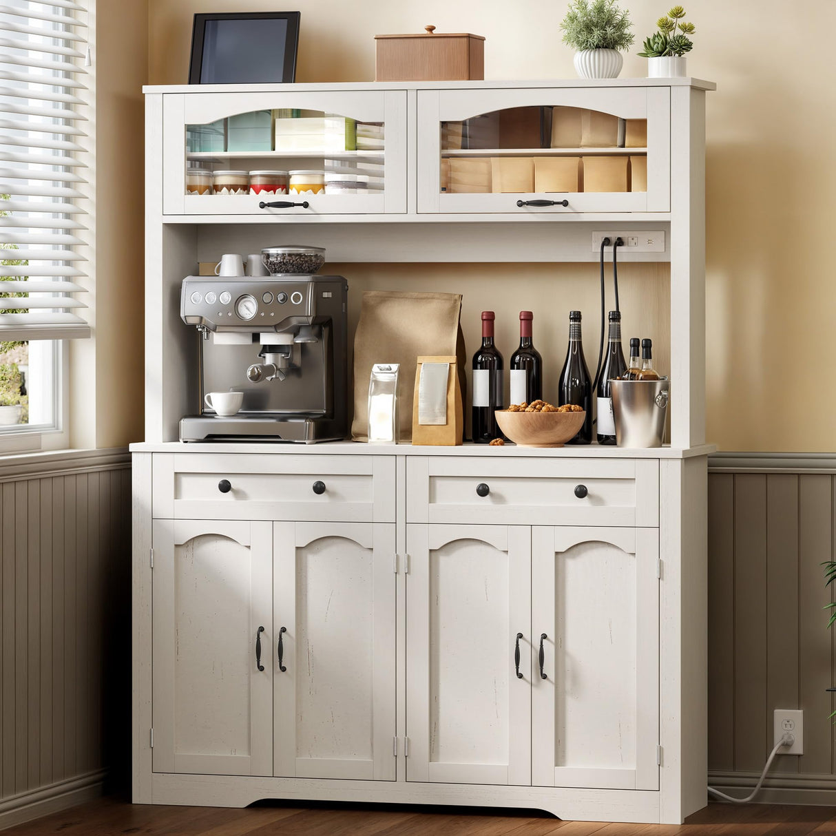 YITAHOME 71" Kitchen Pantry Cabinet with Charging Station, Tall Farmhouse Kitchen Hutch Cabinets with Microwave Stand and Storage, Buffet Pantry Cupboard with Countertop for Dining Room, White YITAHOME