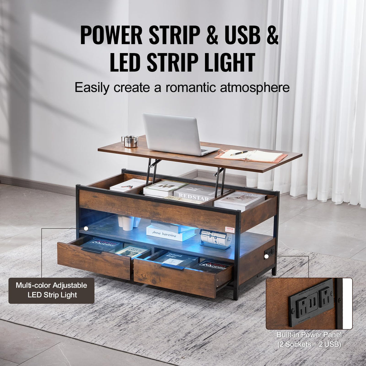 VEVOR Lift Top Coffee Table, 39.4 in Rectangle Coffee Table with Extra Storage Pockets, Pop Up Coffee Table with Power Strip & USB & Ambient Lighting for Living Room, Brown VEVOR