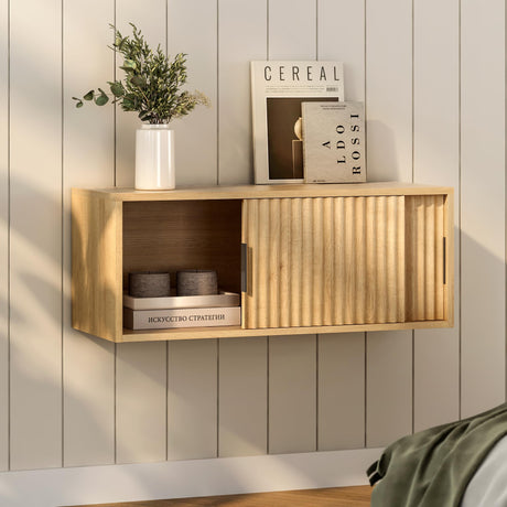 EYYTHUNG Floating Nightstand with Sliding Doors, Modern Large Night Stand Storage Shelf Wall Mounted Bedside Tables for Bedroom, Study Room Natural Oak EYYTHUNG