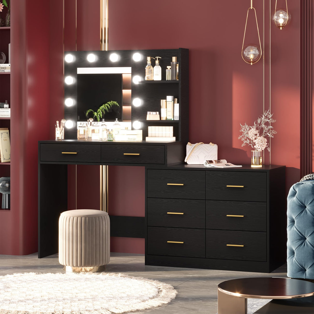 61" Make up Vanity Desk with Mirror and Lights, Black Vanity with 8 Wide Storage Drawers & 2 Tier Shelves, 3 Lighting Modes with Adjustable Brightness, Vanity Desk for Bedroom GarveeHome