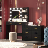 61" Make up Vanity Desk with Mirror and Lights, Black Vanity with 8 Wide Storage Drawers & 2 Tier Shelves, 3 Lighting Modes with Adjustable Brightness, Vanity Desk for Bedroom GarveeHome