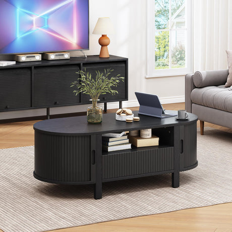 ONBRILL 47.2 Inch Oval Coffee Table with Storage, Mid Century Modern Coffee Table with Drawer, Center Table with Sliding Door and Wood Fluted Handle for Living Room, Black ONBRILL