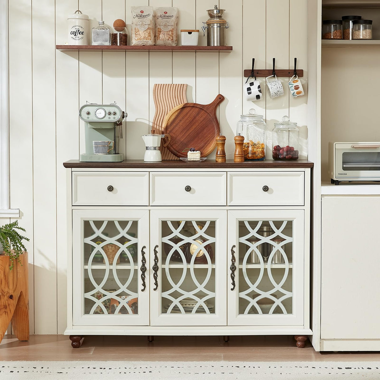 Joaxswe Farmhouse Sideboard Buffet Cabinet with Storage,48" Large Credenza with 3 Glass Doors & 3 Drawers,Adjustable Shelves Console Table,Wood Kitchen Coffee Bar for Dining Room,Living Room,White Joaxswe
