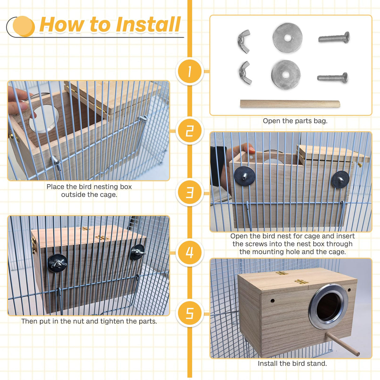 PINVNBY Parakeet Nesting Box Bird House for Cage Wood Mating Box Bird Breeding Box for Lovebirds, Cockatoo, Budgie, Finch, Canary Small and Medium Sized Birds (L:9.8 * 5.3 * 5.3 inch) PINVNBY