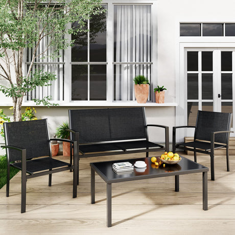 Greesum 4 Pieces Patio Furniture Set, Outdoor Conversation Sets for Patio, Lawn, Garden, Poolside with A Glass Coffee Table, Black Greesum