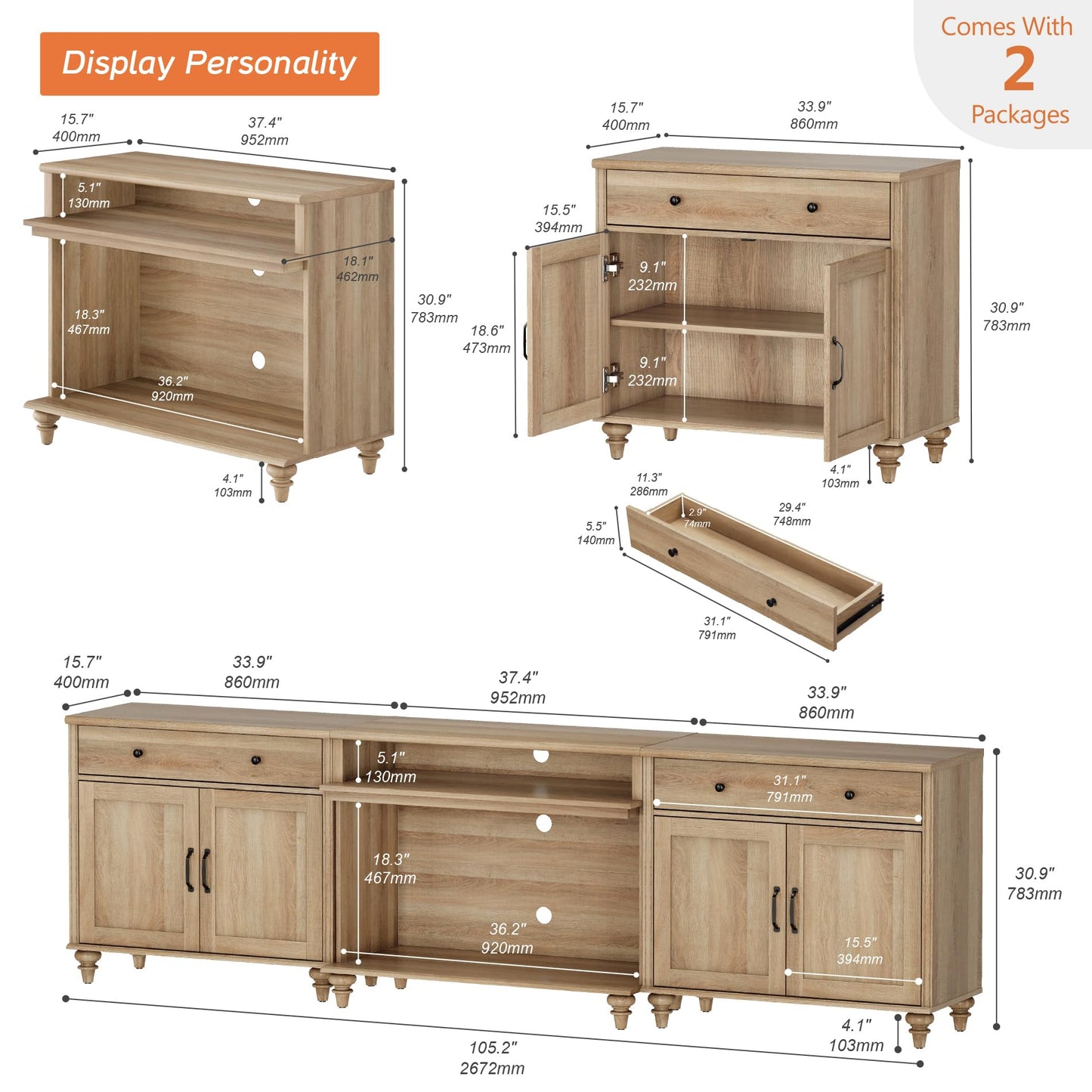 WAMPAT Farmhouse TV Stand for TVs up to 100'', Home Entertainment Center with 8 Storages for 75/80/85/90 inch TV, Large TV Console Table for Living Room, Bedroom, Oak