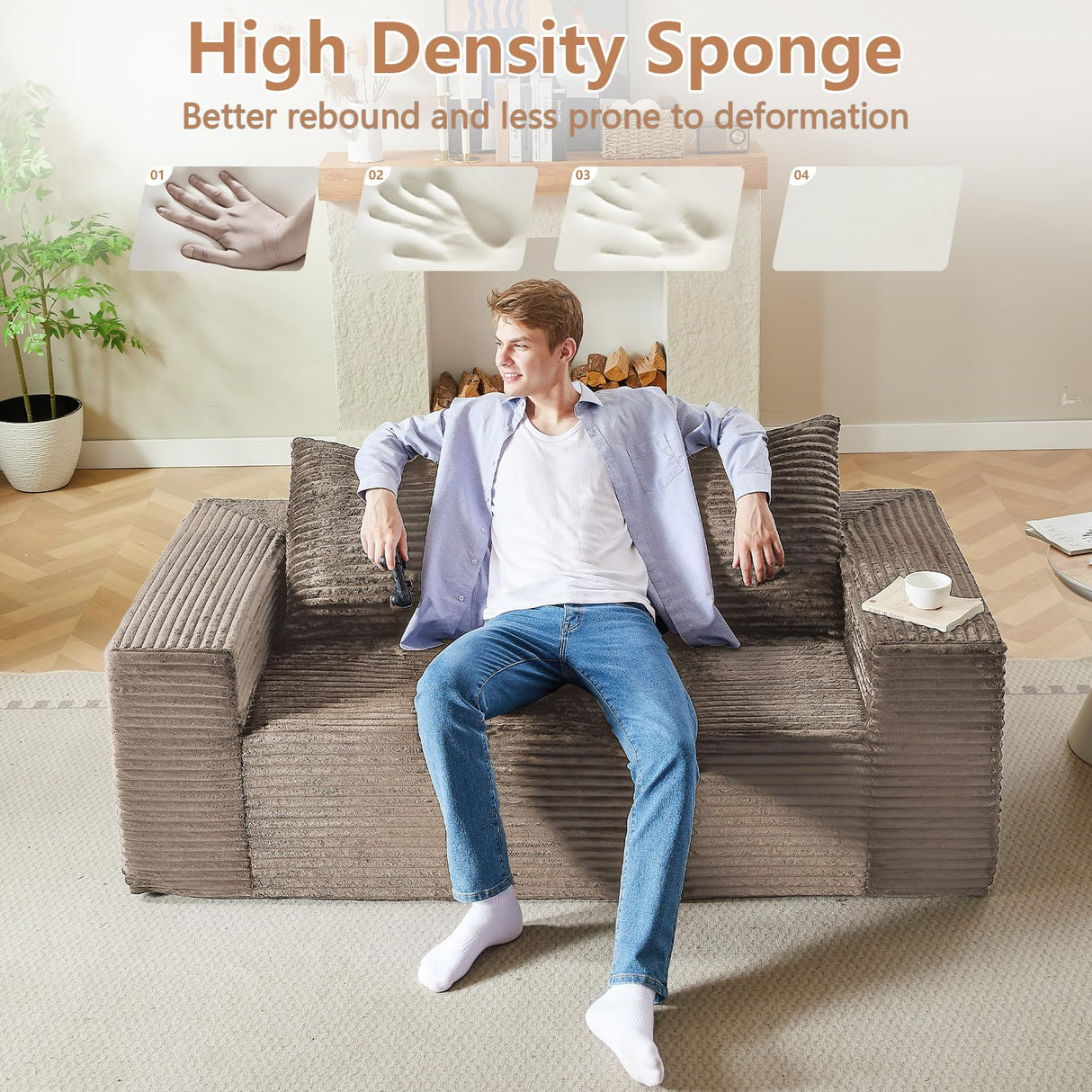 63" Boneless Couch Loveseat Sofa, Comfy Deep Seat Cloud Couch, Memory Foam, No Assembly Required Floor Sofa for Living Room, Bedroom, Apartment, Small Spaces, Corduroy, Camel Lakifun