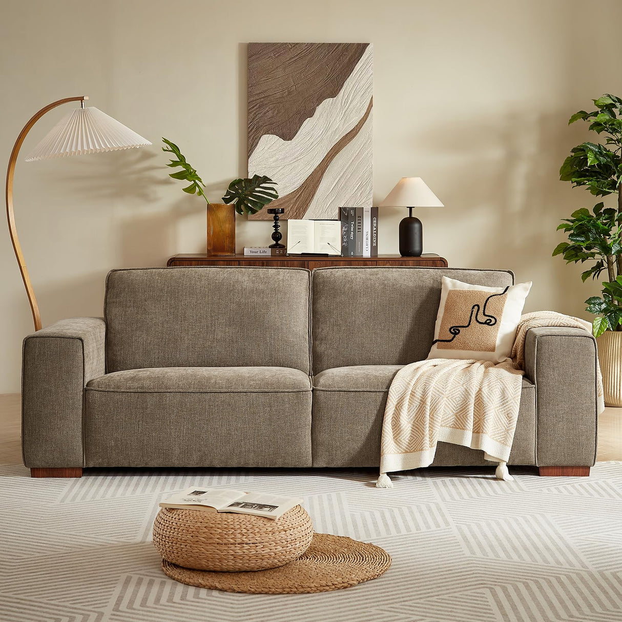 ONBRILL 90" Oversized Sofa, 23" Deep Seat Couch with Wide Arms, Chenille Fabric Couch w/Comfortable Cushion Back, Modern Upholstered Loveseat, Easy Assembly, Comfy Couch for Living Room, Office, Brown ONBRILL