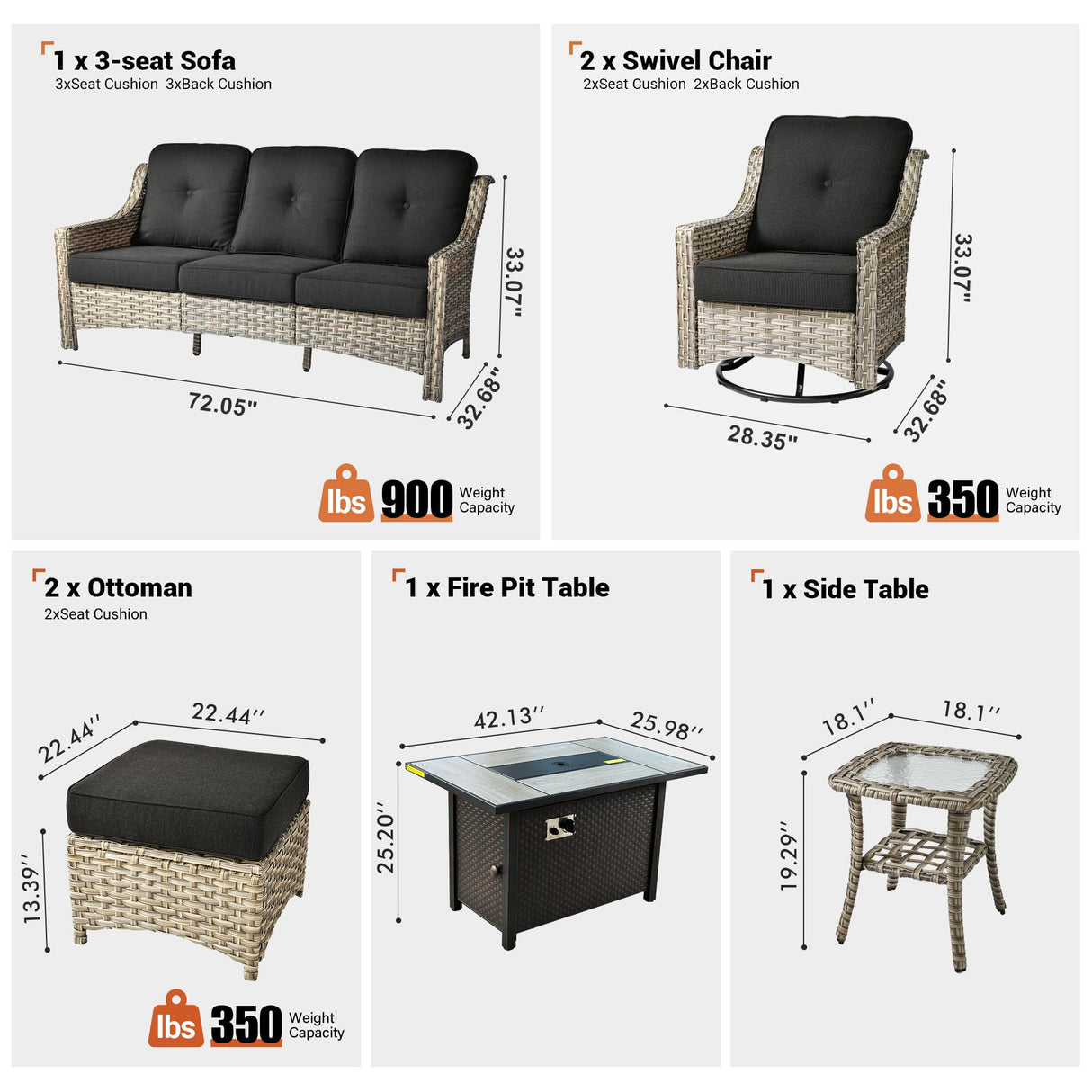 ovios Outdoor 7 Piece Patio Furniture with Fire Pit Table,Wicker Coversation Set with Swivel Rocking Chair,Comfy Sectional Deep Sofa with Ottoman for Outside Porch Balcony Backyard Pool,Black ovios