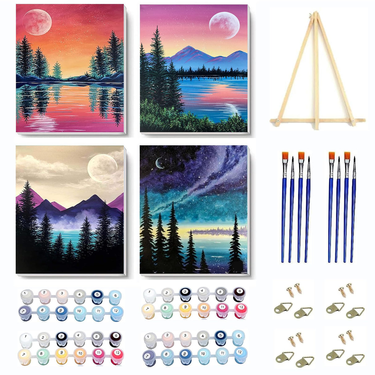 VIGEGU 4 Pack Paint by Numbers Kit for Adults Framed Canvas - with Wooden Easel,Adults' Paint-by-Number Kits Moon Lake Tree Mountain DIY Acrylic Landscape Oil Painting Arts Crafts 7.8x11.8inch VIGEGU