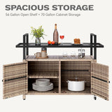 DWVO XL Outdoor Storage Cabinet,Patio Storage Table with Glass Top, Bar Table with Wheels,Outdoor Bar Cart for Patio, Poolside and Backyard,Light Brown DWVO