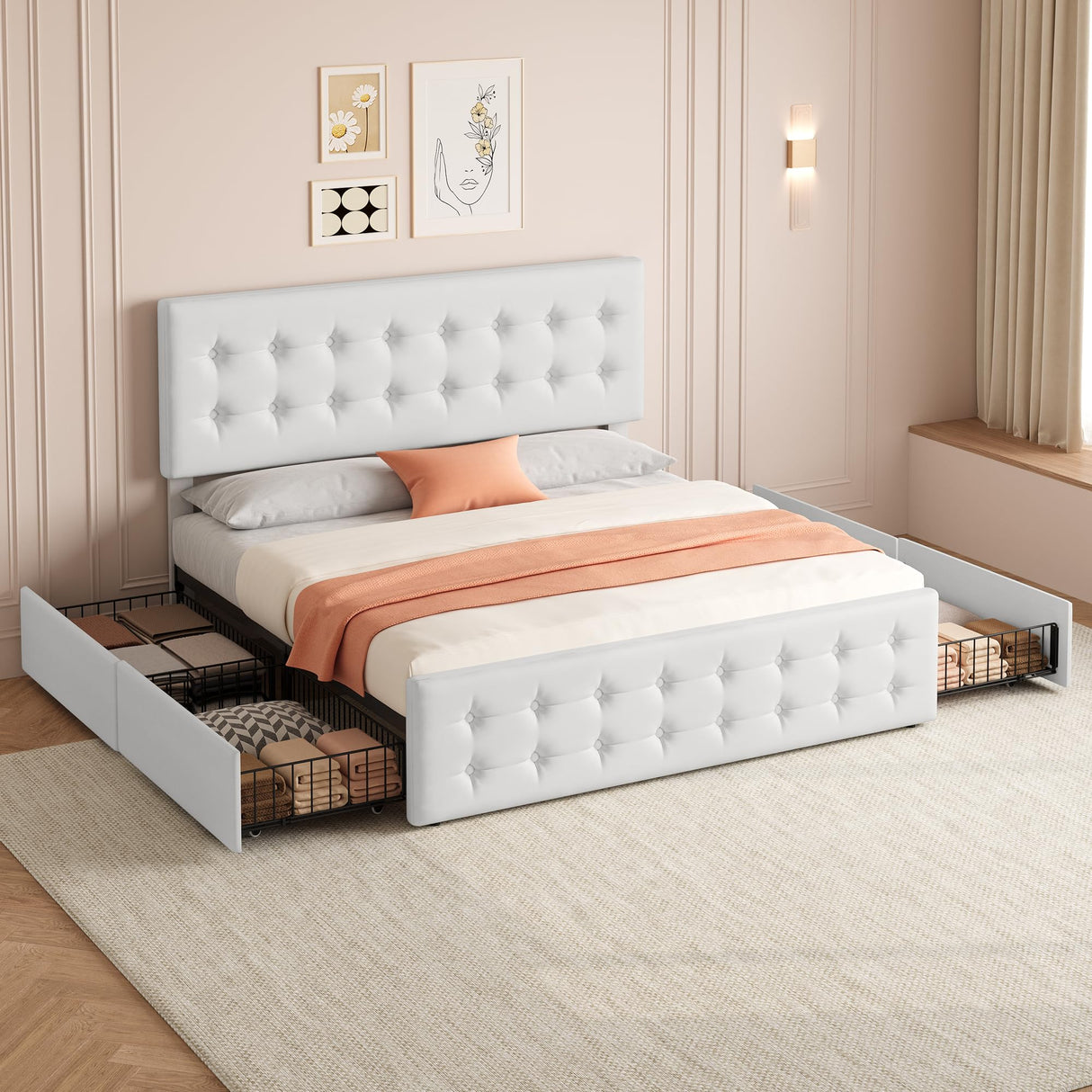 IDEALHOUSE King Size Bed Frame with 4 Storage Drawers and Headboard, Faux Leather Upholstered Platform Bed Frame with Wooden Slats Support, Button Tufted Design, No Box Spring Needed, White IDEALHOUSE