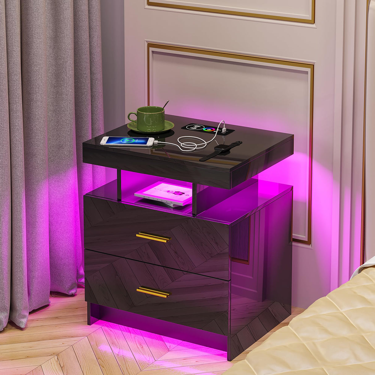 HNEBC LED Nightstand, RGB Black Night Stand with USB/Wireless Charging Station, Modern Bedside Table has Auto Sensor RGB Lights, End Side Table with 2 Drawer for Bedroom Furniture, Black HNEBC