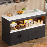 PAKASEPT 43'' Modern Kitchen Island with Storage,Island Table with LED Lights & Cabinet for Kitchen,Imitation Marble Large Dining Table for 4,Dining Room,Living Room,Home Bar,Black PAKASEPT