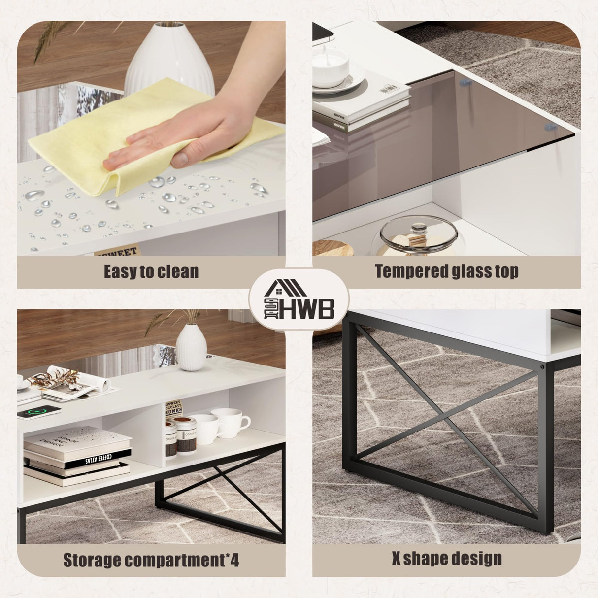 Glass Coffee Tables for Living Room, Grey Mid Century Modern Coffee Table with Storage, Smart Led Light Wood Coffee Table（White） HWB