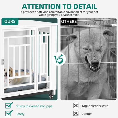 YITAHOME Dog Crate Furniture, 31.9" Heavy Duty Dog Cage, Wooden Side End Table with Wheels, Chew-Resistant Metal Dog Kennel with Removable Tray, Dog House Indoor for Small Medium Dogs, White - WoodArtSupply