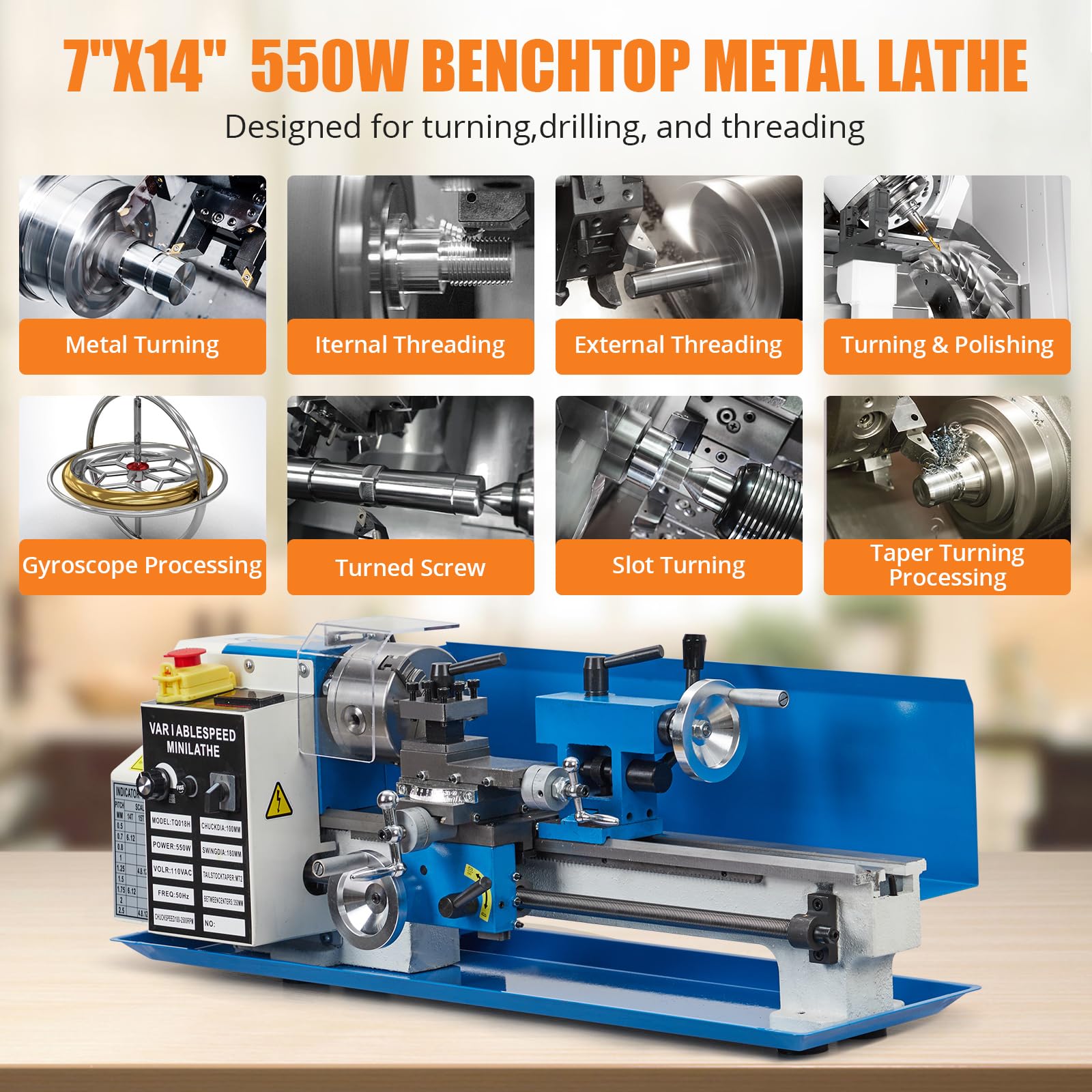 Mini Metal Lathe, 7"x14" Benchtop Lathe, 550W Variable Speed with Tool Box, A Movable Lamp and Digital Display, 2500RPM, 3-Jaw Chuck, CNC Capability for Metal Turning - WoodArtSupply