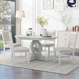 Merax Round Solid Wood Dining Table Set for 4, Farmhouse Kitchen Table Set with 4 Upholstered Chairs, 5-Piece Table and Chairs Set for Kitchen, Dining Room, Living Room, Antique White Merax
