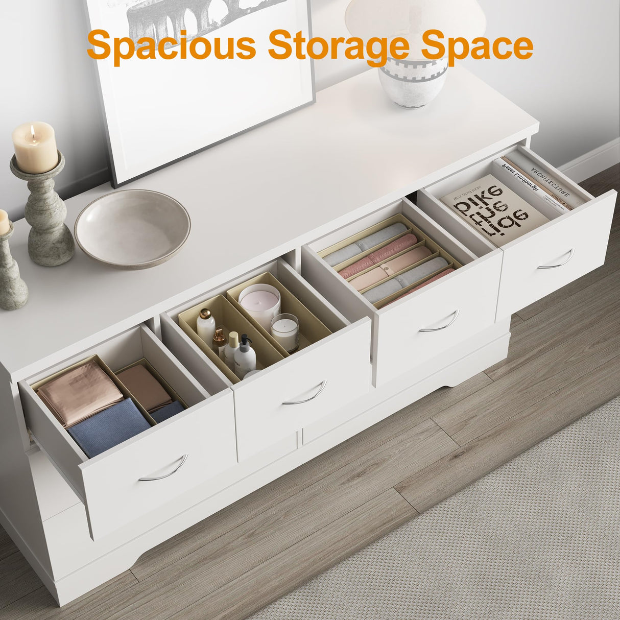 FansaFurn 8 Drawer Dresser, 55" Wide Chest of Drawers with Large Metal Handle, Modern Wood Drawer Organizer for Bedroom, Living Room, Hallway, Closet, White FansaFurn