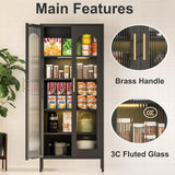 VASAAOSD 71" Kitchen Pantry Storage Cabinet, Display Cabinet with Glass Doors and Lights, Tall Storage Cabinet with Adjustable Shelves, Kitchen Pantry Cabinet for Dining Room, Living Room, Black VASAAOSD