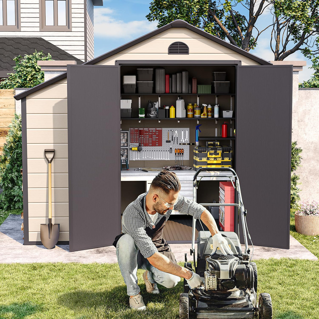 BIGoods 8.5 ft. W x 6.3 ft. D Resin Outdoor Patio Storage Shed with Firewood Rack, Floor and Lockable Door BIGoods