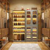 Tribesigns Tall Shoe Cabinet with Acrylic Doors and LED Lights, 8-Tier Entryway Shoe Organizer Storage Rack with Adjustable Shelves and Hanging Hooks for Narrow Closet, Hallway, Living Room, Gray Tribesigns