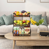 GILLAS 3 Tier Countertop Fruit Basket with 2 Banana Hangers for Kitchen, Detachable Metal Organizer for Bread Vegetable Fruits with Wooden Handle, Large Capacity Rectangular Storage Stand Bowls, Black GILLAS