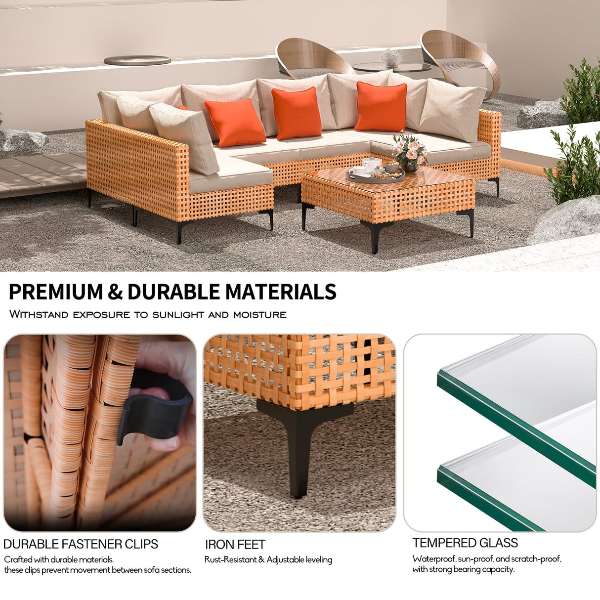 ARTBUSKE 7 Piece Outdoor Patio Furniture Set Modular Outdoor Furniture Set Wicker Outdoor Sectional Sofa with Table Patio Set for Balcony Porch Deck Yard (Salmon&Orange Wicker, Sand Cushion) ARTBUSKE