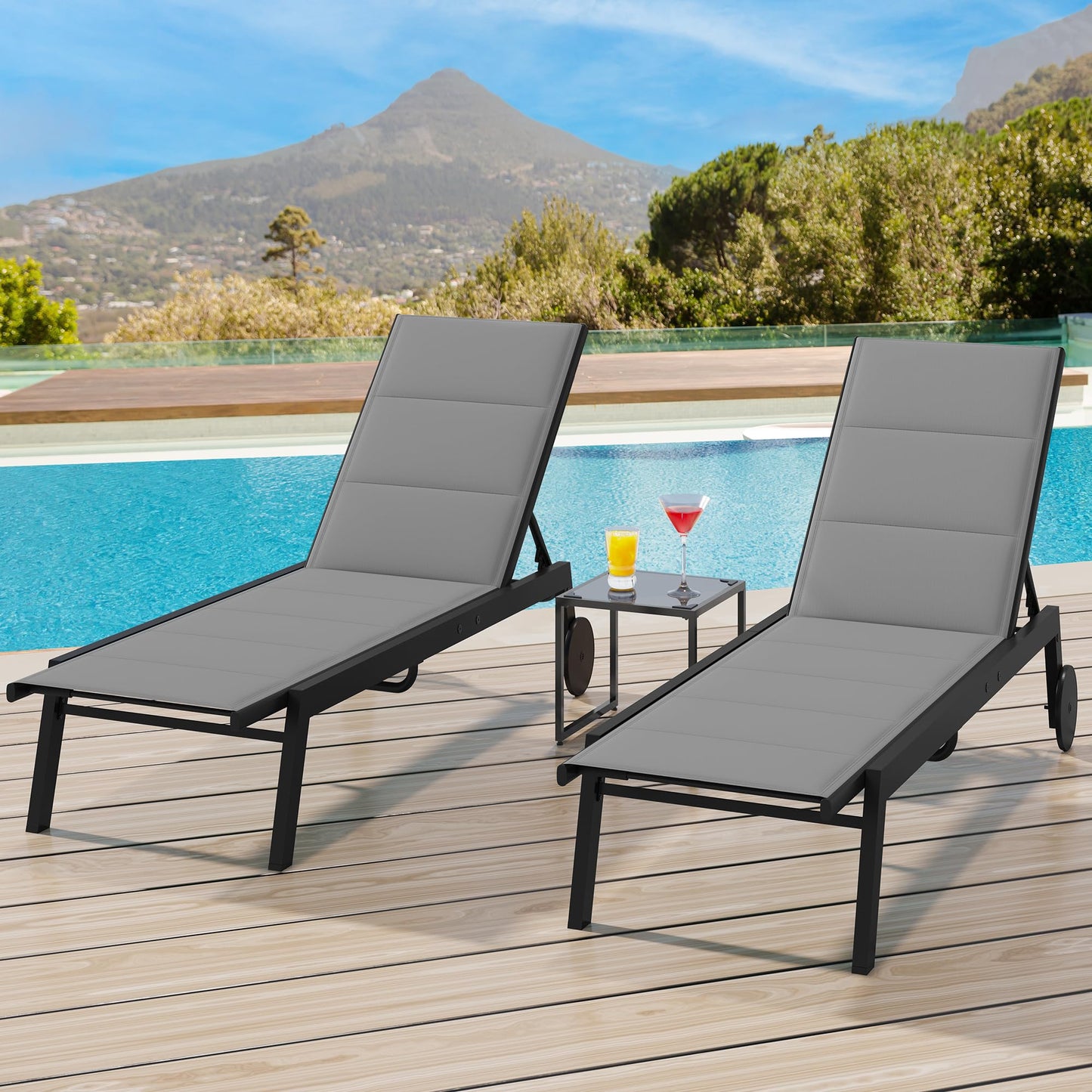 YITAHOME Patio Chaise Lounge Set of 3, Outdoor Lounge Chairs with Side Table, Padded Fabric, and Wheels, Adjustable Backrest Poolside Loungers for Pool Beach Patio Porch - Gray - WoodArtSupply