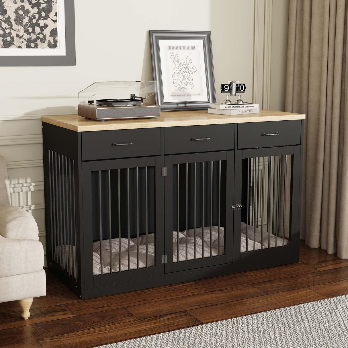 PIAOMTIEE 55.3" Extra Large Dog Crate Furniture, Indoor Heavy Duty Dog Kennel House with 3 Drawers, Modern Furniture Dog Crate Side End Table TV Stand for XL Large Medium Breed Dogs, Black PIAOMTIEE