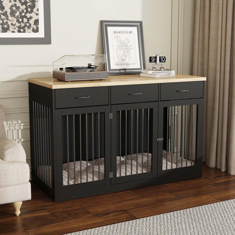PIAOMTIEE 55.3" Extra Large Dog Crate Furniture, Indoor Heavy Duty Dog Kennel House with 3 Drawers, Modern Furniture Dog Crate Side End Table TV Stand for XL Large Medium Breed Dogs, Black PIAOMTIEE