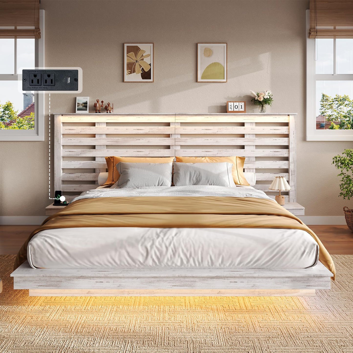 AMERLIFE Distressed White Floating Queen Bed Frame with Integrated Nightstands, LED Lights & Charging Station - WoodArtSupply