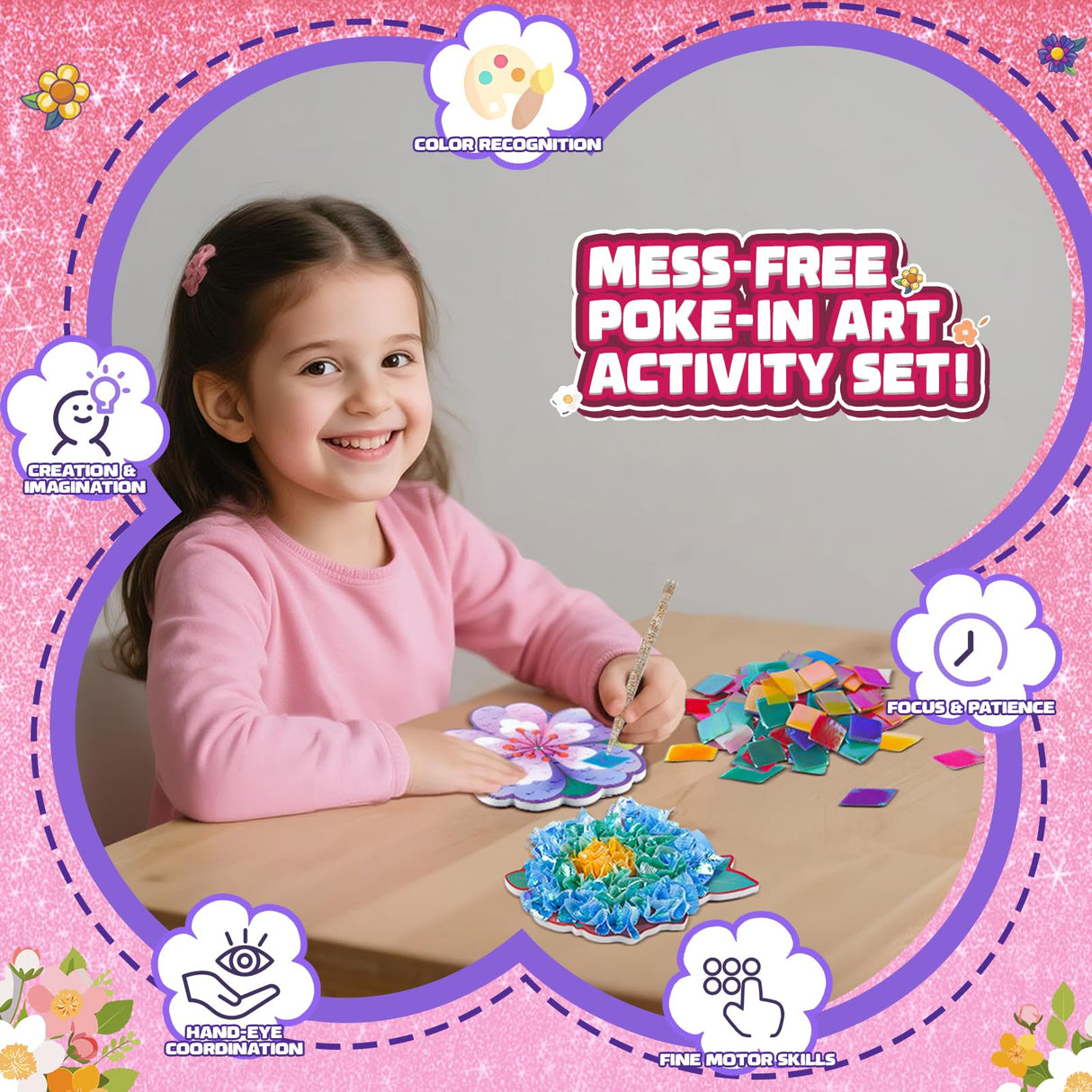 Flower Bouquet Art Craft Kit, Poke DIY Creative Activity Kit with with 6 Flowers & 6 Light Strings, Mess-Free Fun for Girls & Boys, Fun & Educational Kids Craft Gift for Girls Boys Ages 4, 5, 6, 7, 8+ Fortand