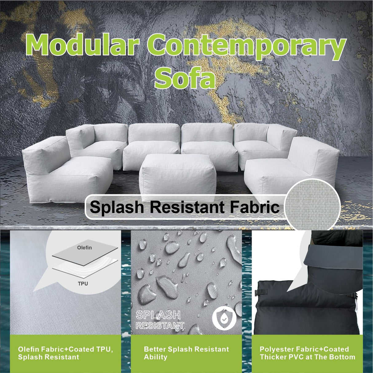 Dineli ANNYH CALALUNA 7Pc Patio Garden Furniture Sectional Conversation Set.Combines 4Middle, 2Corner, 1Ottoman/Coffee Outdoor Exp Foam Filled Chairs. A Unique Modular Contemporary Sofa (Cloud Gray) Dineli