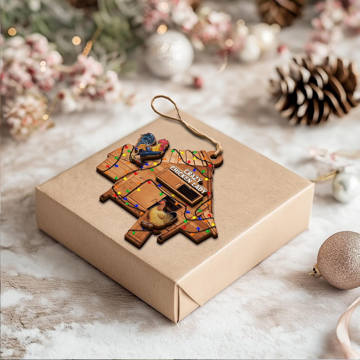 ROLOL Chicken Coop Ornaments, Funny Christmas Ornament Farmhouse Countrycore Seasonal Decor, Gift for Farmer, 2-Layer Wooden Ornaments 3.5 Inches ROLOL