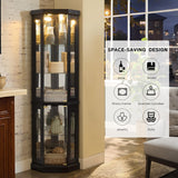 Eyisean 70" Lighted Glass Corner Curio Cabinet, Display Cabinet with Elegant Tempered Glass Door, China Cabinet with Light Bulb, Mirrored Back Panel, Rack for Living Room Storage (Black) Eyisean