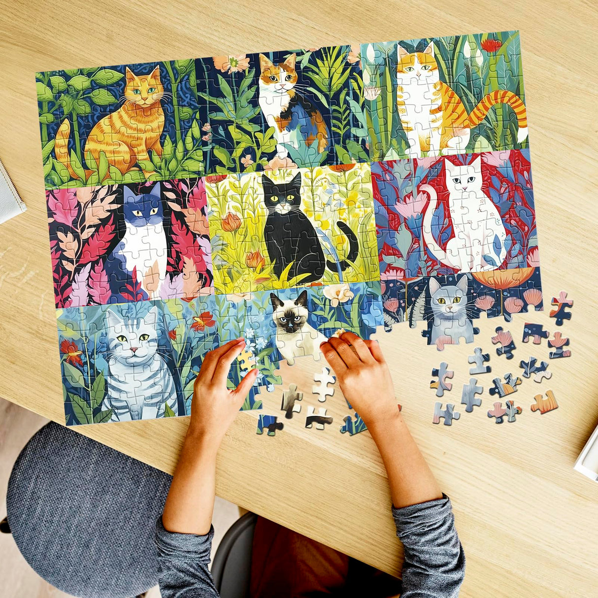 300 Piece Puzzle for Adults-Cats and Flowers | Recycled Cardboard Jigsaw Puzzles 300 Pieces | Challenging Family Activity Great Gift Idea for Family Friends | Difficult Puzzles Size 20.5X 15 inches Edsjegn