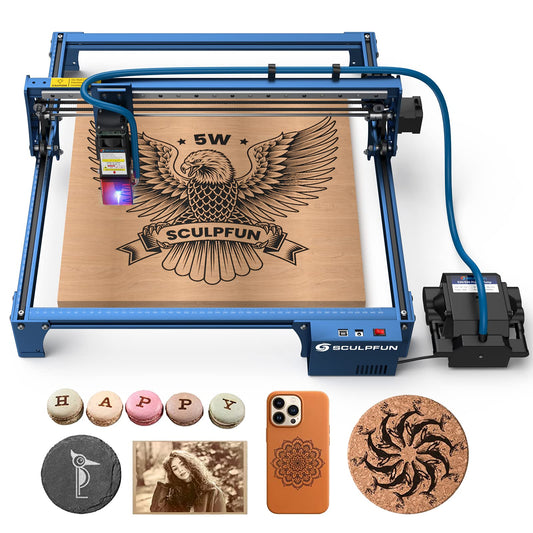 SCULPFUN S30 Laser Engraver with Auto Air Assist Pump & Nozzle, Limit Switchs, 5000mW CNC Laser Cutter, Industrial Grade Accuracy Engraving Machine, 10 Times Longer Laser Service Life - WoodArtSupply