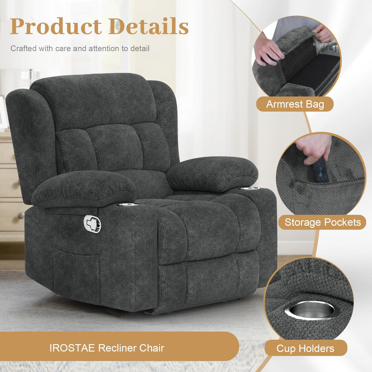 IROSTAE Recliner Chair for Adults, Oversized Fabric Manual Pull Tab Reclining Chair with Cup Holders, Minimalist Style Single Sofa for Living Room, RV (Grey) IROSTAE