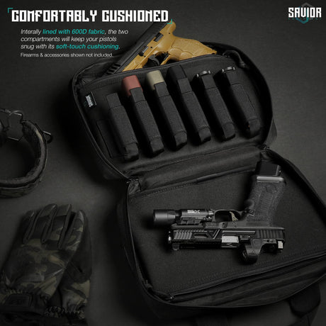 Savior Equipment Specialist Series Tactical Double Scoped Handgun Firearm Case Pistol Bag for Outdoor Hunting Shooting Range, Lockable Compartment, Additional Magazine Storage Slots Savior Equipment