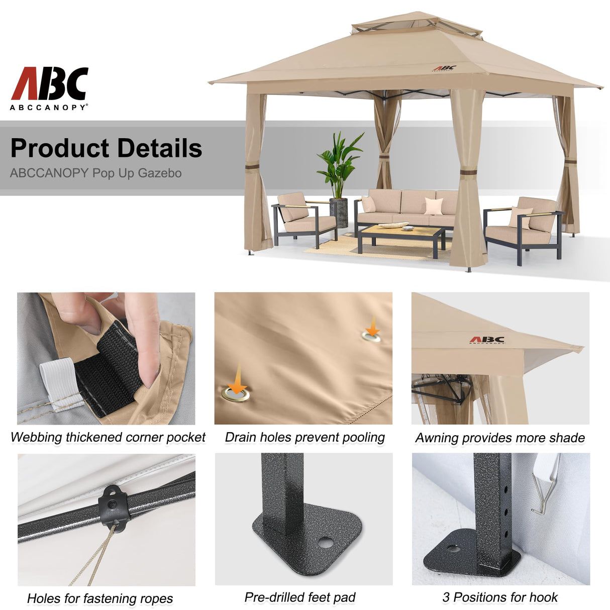 ABCCANOPY 13x13 Pop Up Gazebo, Outdoor Canopy Tent, Instant Screened Shelter with Mosquito Netting for Patio, Garden, Backyard, Party, Camping (Khaki) ABCCANOPY