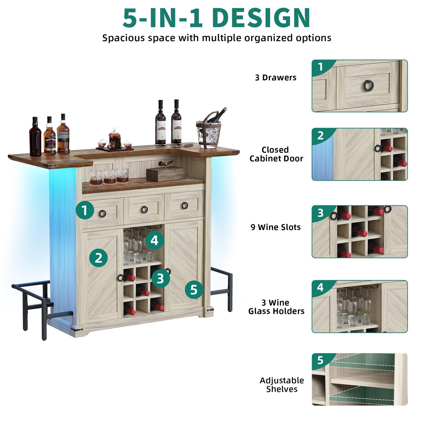 YITAHOME Home Bar Unit with LED Lights ＆ Drawer, Farmhouse Bar Cabinet with Glasses Holder and Wine Storage, Liquor Bar Table Mini Bar with Footrest for Living Room, Off White+Walnut Grain