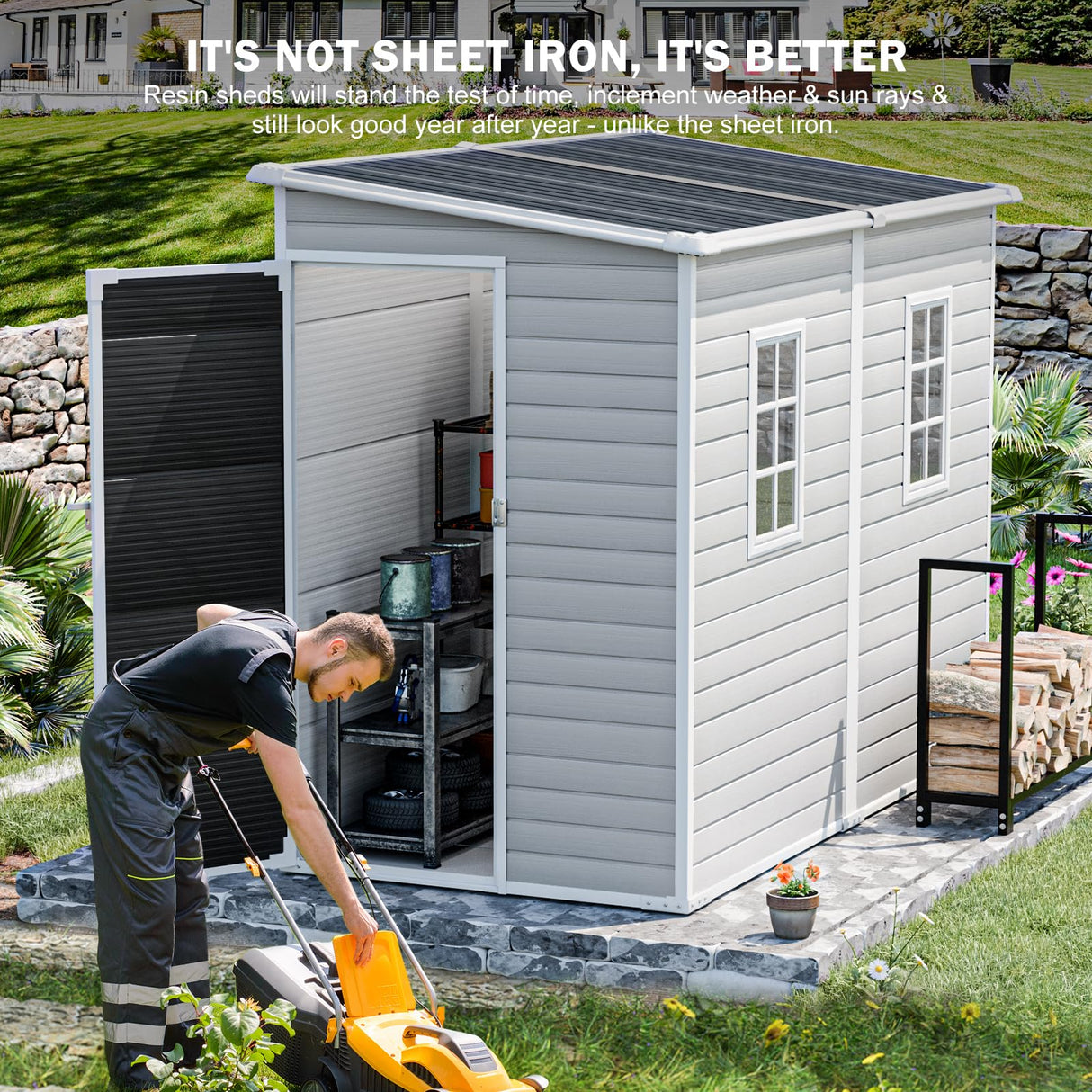 CDCASA 4x8 FT Resin Lean to Shed, Waterproof Outdoor Storage Shed with Floor and Adjustable Openable Windows,Outside Plastic Tool Shed for Backyard Garden Patio Lawn CDCASA