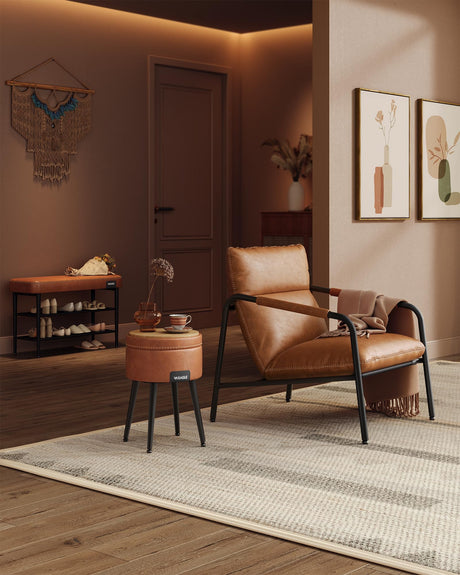 VASAGLE EKHO Collection - Storage Ottoman, Vanity Chair Stool, Synthetic Leather with Stitching, Mid-Century Modern, Round Storage Seat with Steel Legs, Loads 330 lb, Caramel Brown ULOM005K01 VASAGLE